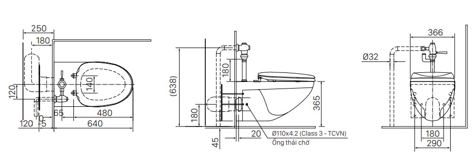 Bản vẽ kỹ thuật bồn cầu treo tường Inax AC-22P+CW-KB22AVN