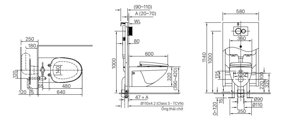 Bản vẽ kỹ thuật bồn cầu INAX AC-23P+CW-KB22AVN hỗ trợ kiểm tra kích thước và vị trí lắp đặt Bản vẽ kỹ thuật bồn cầu treo tường INAX AC-23P+CW-KB22AVN
