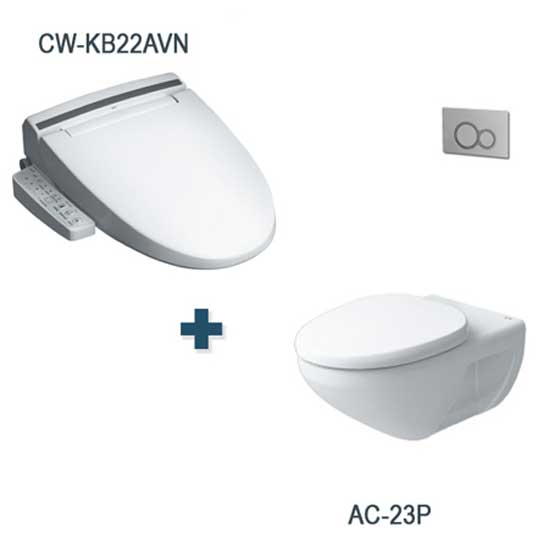Chi tiết bồn cầu INAX AC-23P+CW-KB22AVN với nắp rửa điện tử tiện nghi Bồn cầu INAX AC-23P+CW-KB22AVN thể hiện thân cầu treo tường và nắp rửa điện tử CW-KB22AVN