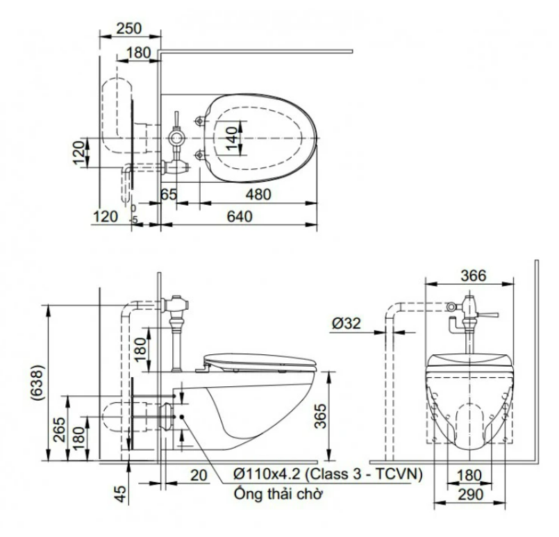 Bản vẽ kỹ thuật bồn cầu treo tường Inax AC-22P+CW-S32VN hỗ trợ kiểm tra tâm thoát và kích thước lắp đặt Bản vẽ kỹ thuật bồn cầu treo tường Inax AC-22P+CW-S32VN