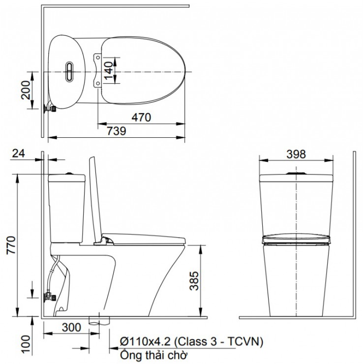 Bản vẽ kỹ thuật bồn cầu 2 khối INAX trong combo IN393