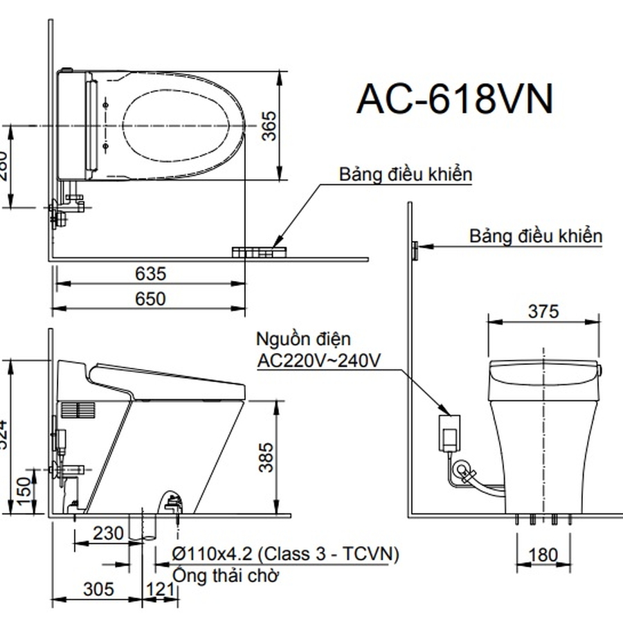 Bản vẽ kỹ thuật bồn cầu thông minh Inax AC-618VN hỗ trợ kiểm tra tâm thoát và nguồn điện Bản vẽ kỹ thuật bồn cầu thông minh Inax AC-618VN