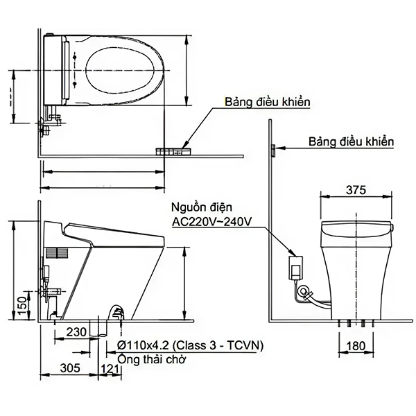 Bản vẽ kỹ thuật bồn cầu thông minh Inax AC-G216VN/BW1 hỗ trợ kiểm tra tâm thoát và nguồn điện Bản vẽ kỹ thuật bồn cầu thông minh Inax AC-G216VN/BW1