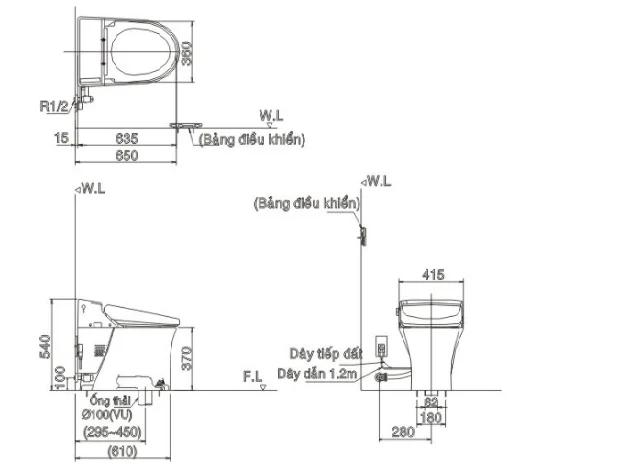 Bản vẽ kỹ thuật bồn cầu thông minh Inax GC-218VN-LS1/BW1 hỗ trợ kiểm tra tâm thoát và vị trí lắp đặt Bản vẽ kỹ thuật bồn cầu thông minh Inax GC-218VN-LS1/BW1