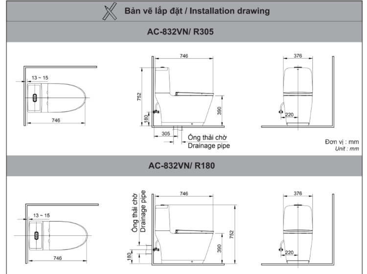 Bản vẽ kỹ thuật bồn cầu INAX AC-832VN hỗ trợ kiểm tra kích thước và tâm xả Bản vẽ kỹ thuật bồn cầu INAX AC-832VN
