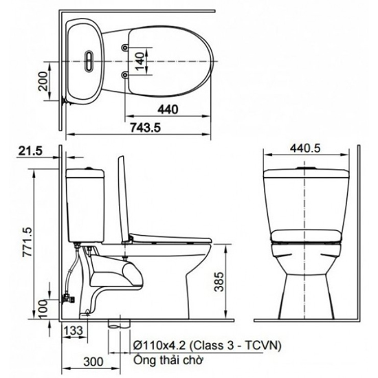 Bản vẽ kỹ thuật bồn cầu INAX C-306A+CW-H17VN hỗ trợ kiểm tra kích thước và vị trí lắp đặt Bản vẽ kỹ thuật Bồn cầu 2 khối Inax C-306A+CW-H17VN với tâm xả 300mm