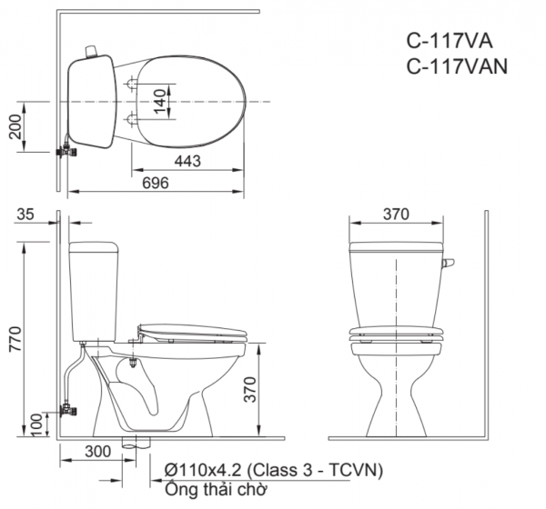 Bản vẽ kỹ thuật bồn cầu Inax C-117VA