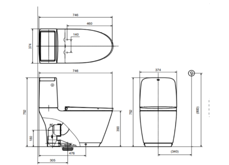 Bản vẽ kỹ thuật bồn cầu INAX ACT-832VN hỗ trợ kiểm tra kích thước và vị trí lắp đặt Bản vẽ kỹ thuật bồn cầu INAX ACT-832VN