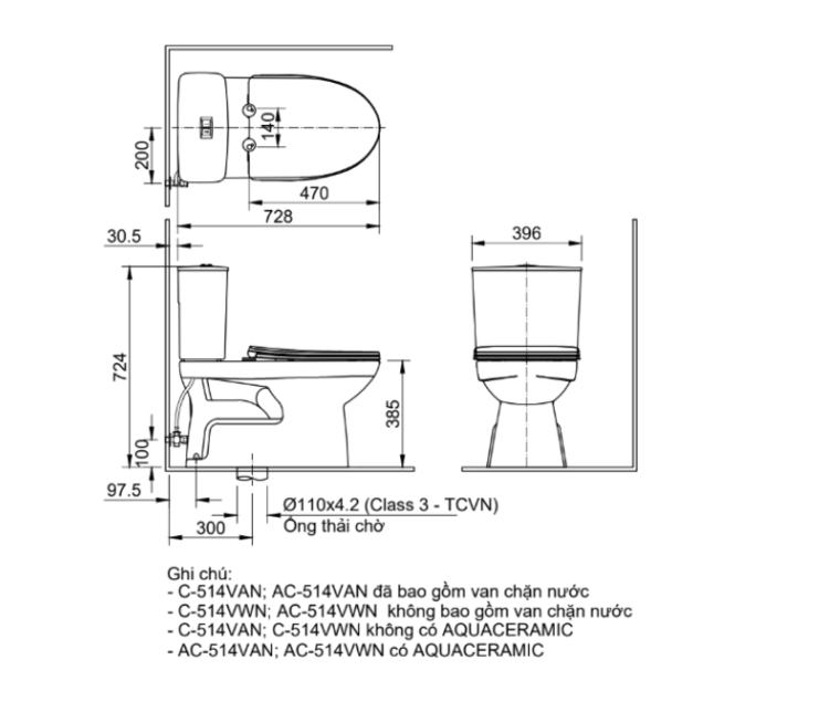 Bản vẽ kỹ thuật bồn cầu Inax C-514VWN/BW1