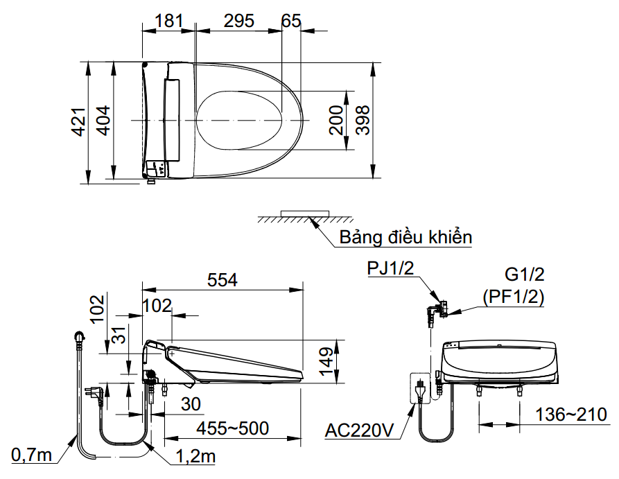 Bản vẽ kỹ thuật nắp rửa điện tử INAX CW-KA22AVN trong combo INAX IN400