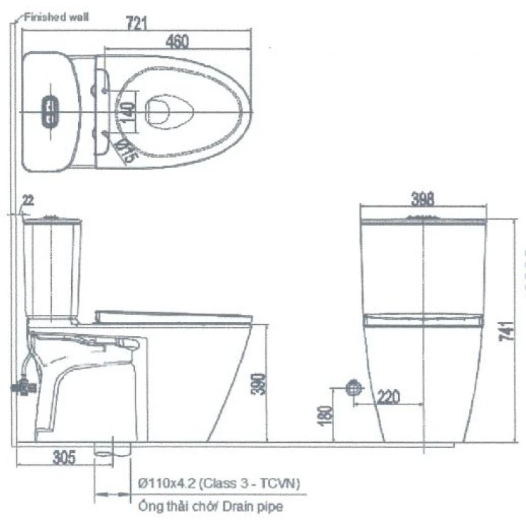 Bản vẽ kỹ thuật bồn cầu INAX ACT-602 CW-KB22AVN trong combo IN399