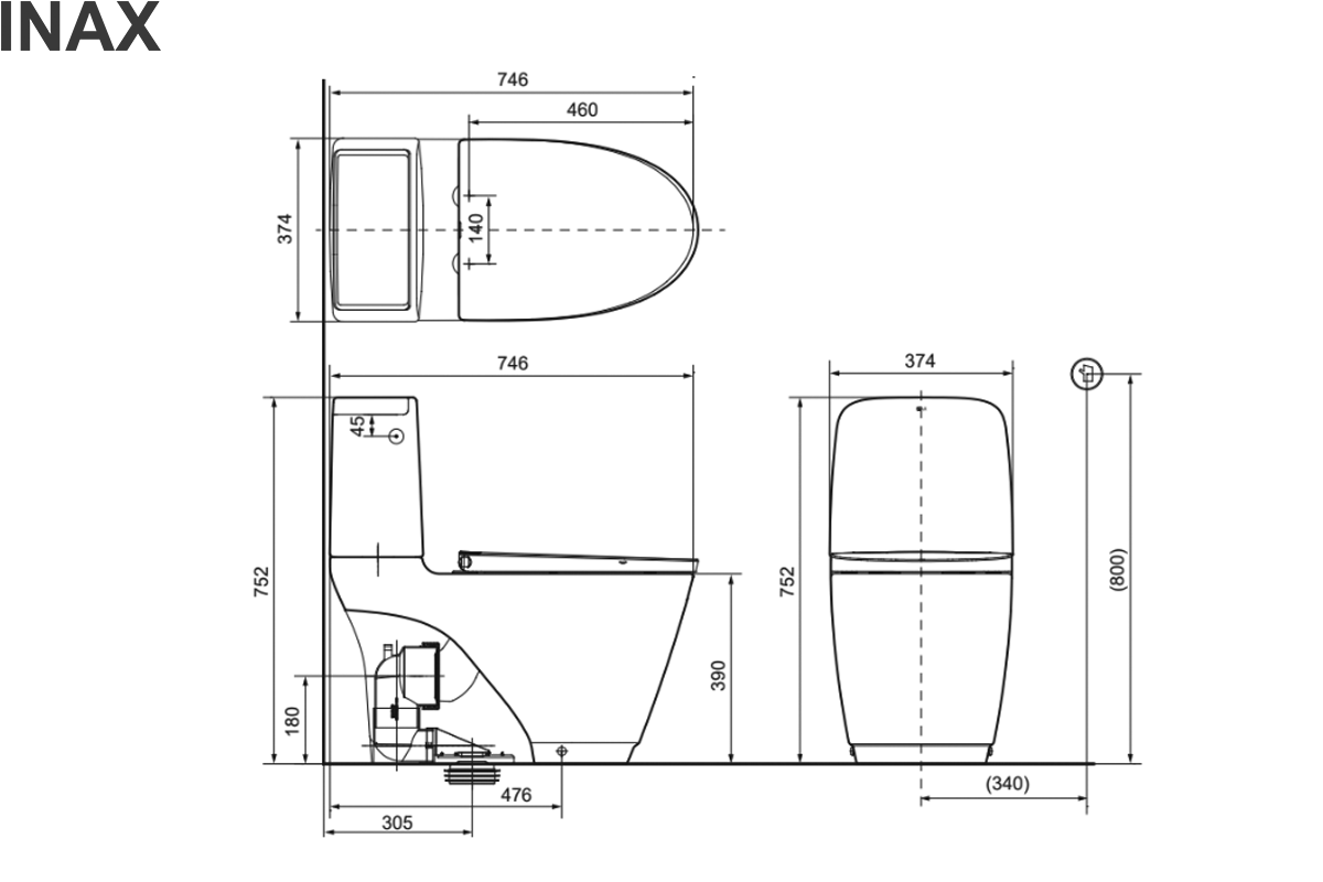 Bản vẽ kỹ thuật bồn cầu INAX ACT-832+CW-S15VN hỗ trợ kiểm tra kích thước và tâm xả Bản vẽ kỹ thuật bồn cầu INAX ACT-832+CW-S15VN