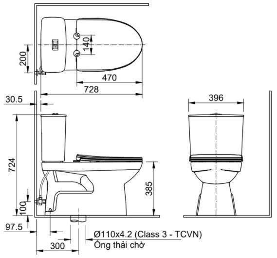 Bản vẽ kỹ thuật bồn cầu INAX C-514A+CW-S15VN hỗ trợ kiểm tra kích thước và tâm xả Bản vẽ kỹ thuật bồn cầu INAX C-514A+CW-S15VN
