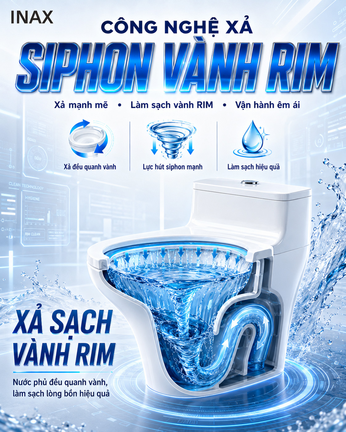 Bàn cầu INAX AC-2700+CW-H20VN với kiểu dáng thân kín và nắp rửa điện tử Bàn cầu INAX AC-2700 kết hợp nắp rửa điện tử CW-H20VN xả vành RIM