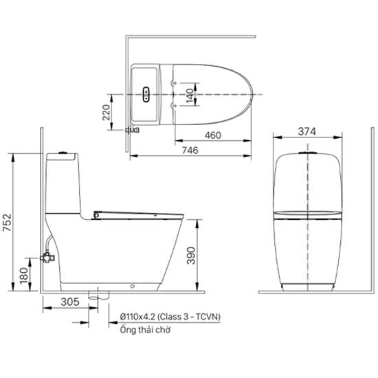 Bản vẽ kỹ thuật bồn cầu INAX ACT-832+CW-H20VN hỗ trợ kiểm tra kích thước và tâm xả Bản vẽ kỹ thuật bồn cầu INAX ACT-832+CW-H20VN