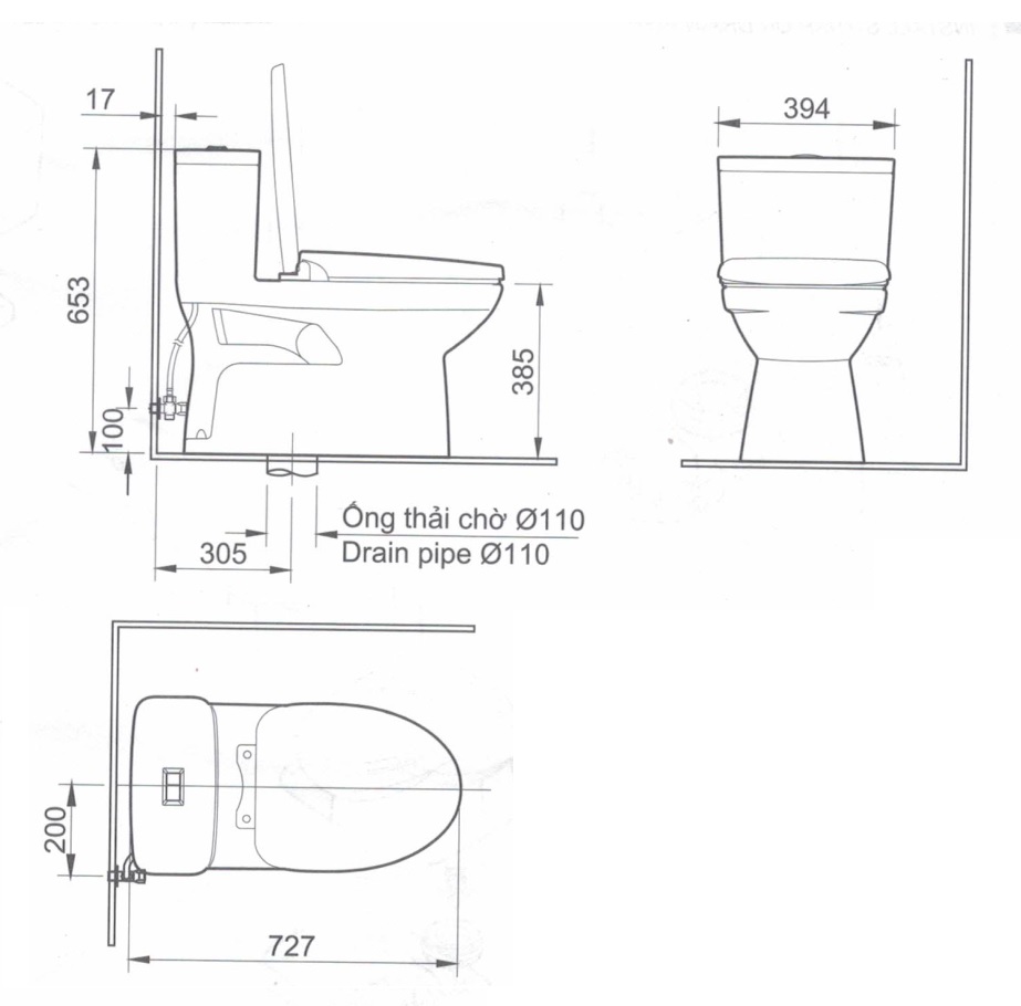 Bản vẽ kỹ thuật bồn cầu INAX AC-969VN-2 hỗ trợ kiểm tra kích thước và vị trí lắp đặt Bản vẽ kỹ thuật bồn cầu INAX AC-969VN-2