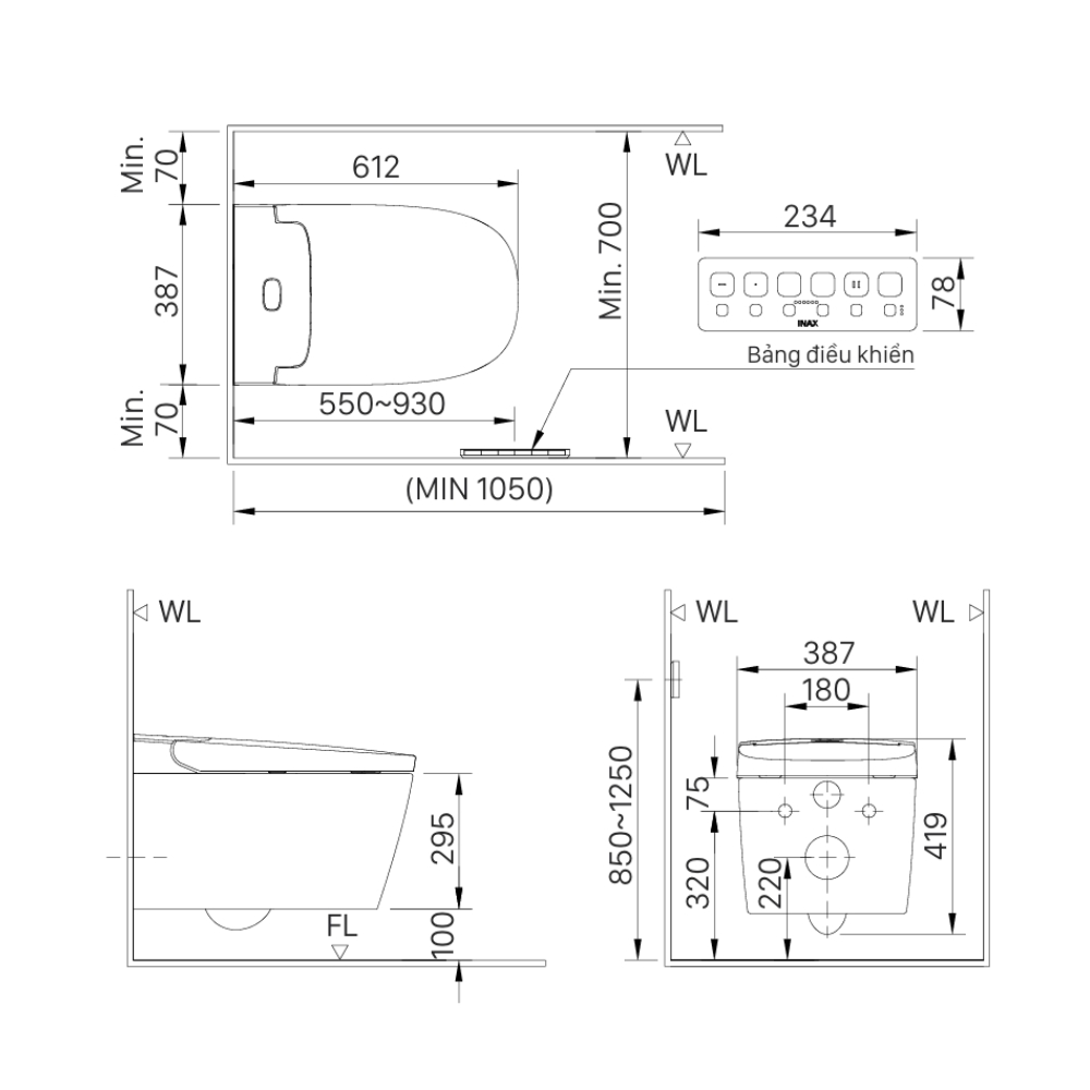 Bản vẽ kỹ thuật bồn cầu treo tường INAX AC-821VN