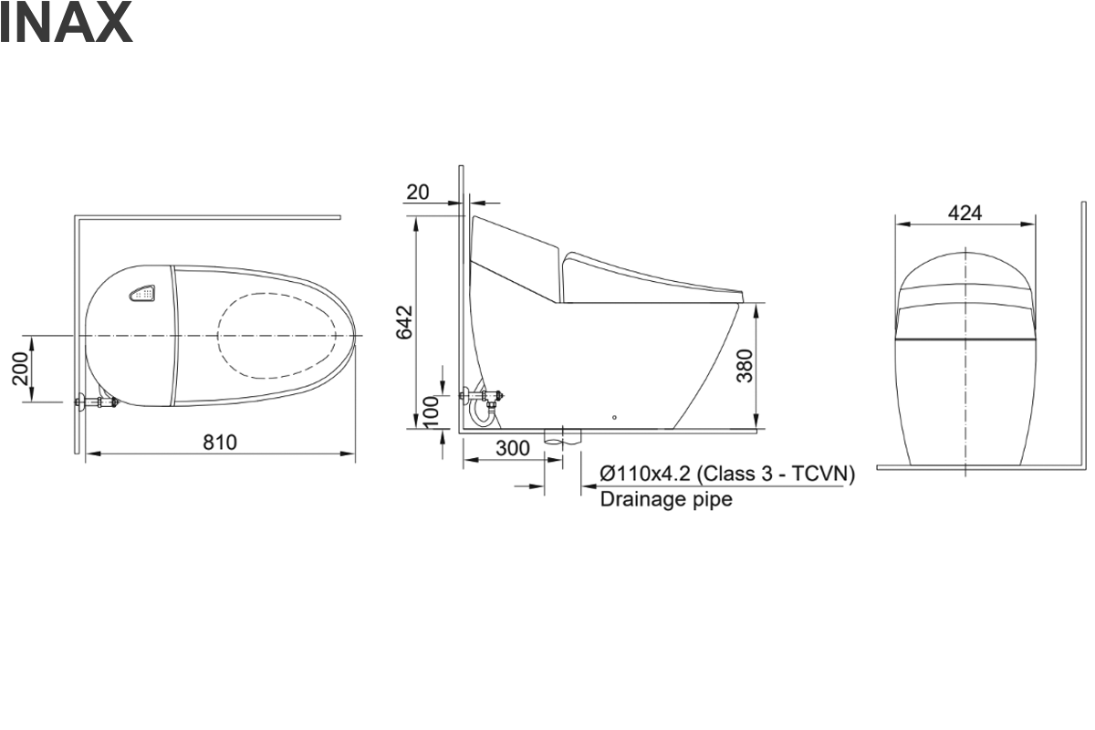 Bản vẽ kỹ thuật bồn cầu INAX AC-2700+CW-H20VN hỗ trợ kiểm tra tâm xả và kích thước lắp đặt Bản vẽ kỹ thuật bồn cầu INAX AC-2700+CW-H20VN