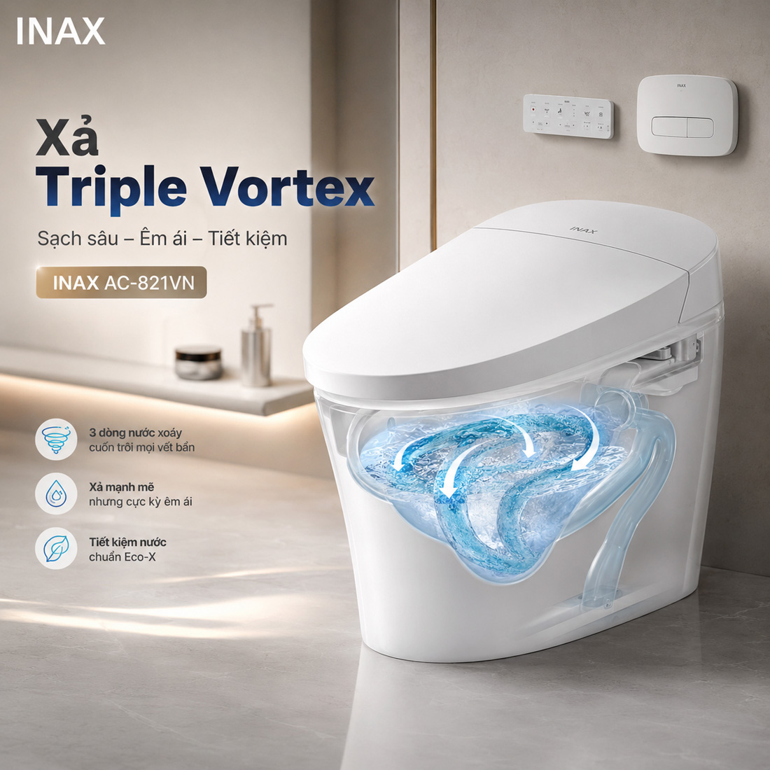 AC-821VN sử dụng hệ thống xả Triple Vortex với lượng nước 5.0L/3.0L cho xả đại và xả tiểu