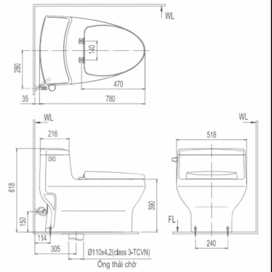 Bản vẽ kỹ thuật bồn cầu INAX AC-4005+CW-H20VN kiểm tra tâm xả và kích thước lắp đặt Bản vẽ kỹ thuật bồn cầu INAX AC-4005+CW-H20VN