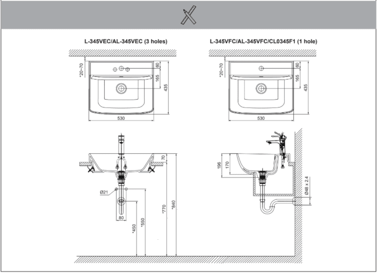 Bản vẽ kỹ thuật Chậu rửa mặt lavabo Inax L-345VEC