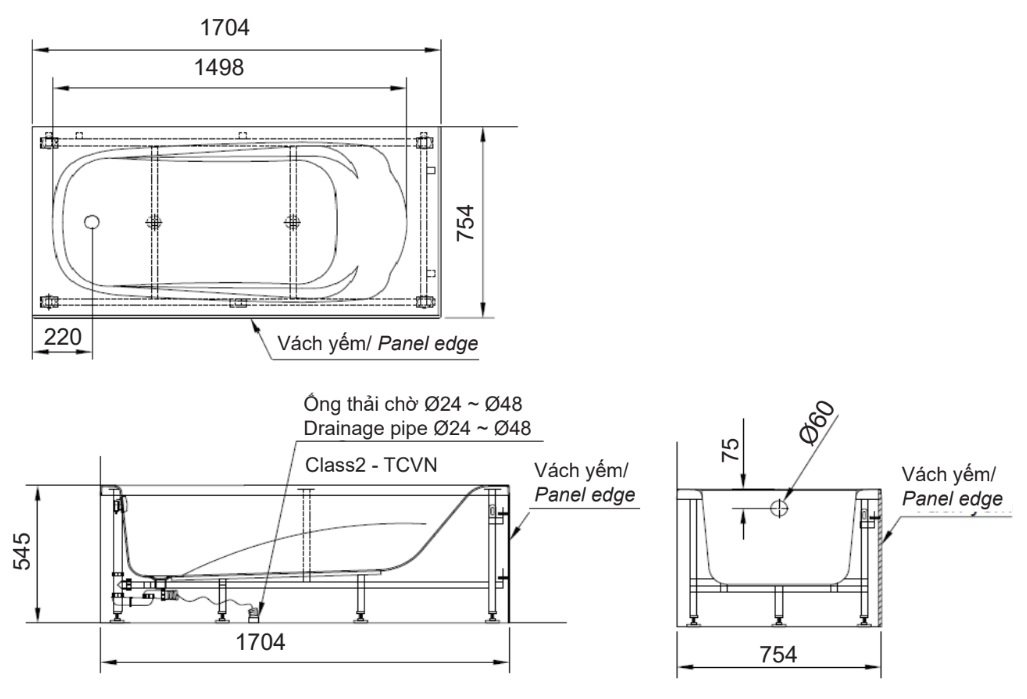 Bản vẽ kỹ thuật bồn tắm áp tường INAX FBV-1702SL