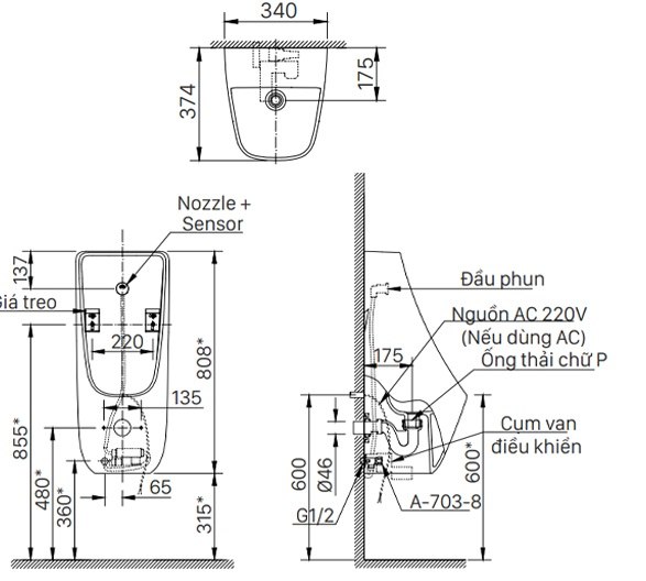 Bản vẽ kỹ thuật bồn tiểu nam cảm ứng INAX AU-468IR