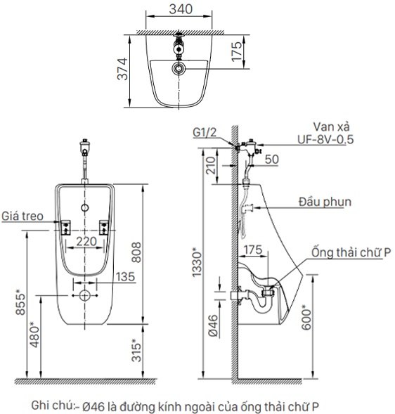 Bản vẽ kỹ thuật bồn tiểu nam Inax AU-468V