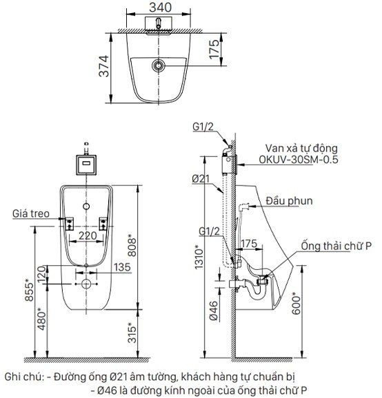 Bản vẽ kỹ thuật bồn tiểu nam treo tường INAX AU-468VAC