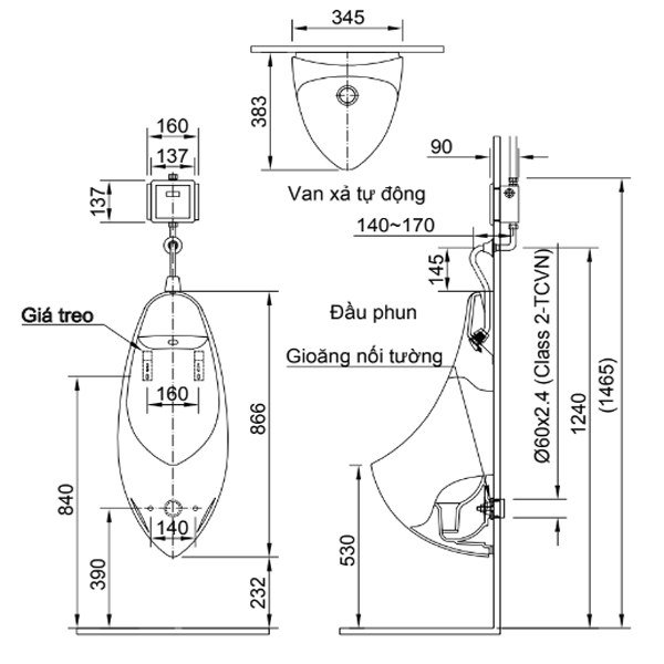 Bản vẽ kỹ thuật bồn tiểu nam treo tường INAX U-417V