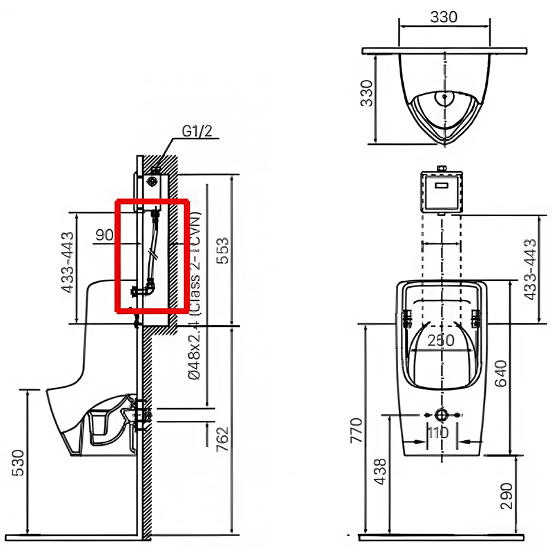 Bản vẽ kỹ thuật bồn tiểu nam treo tường INAX U-431VAC