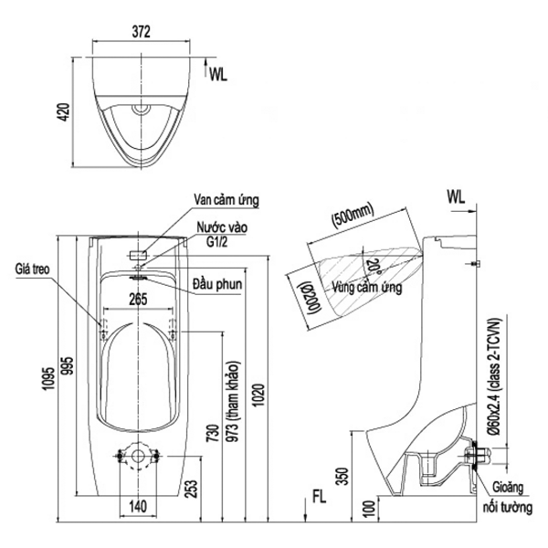 Bản vẽ kỹ thuật bồn tiểu nam cảm ứng INAX ASU-500V