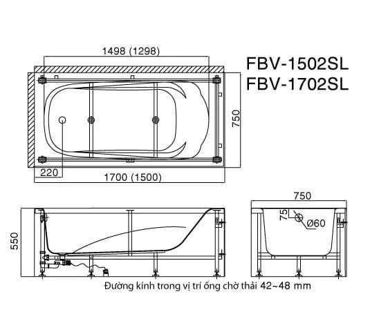 Bản vẽ kỹ thuật Bồn tắm độc lập Inax FBV-1702S