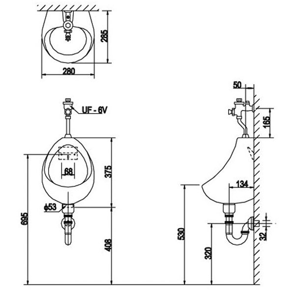 Bản vẽ kỹ thuật bồn tiểu nam treo tường INAX U-116V