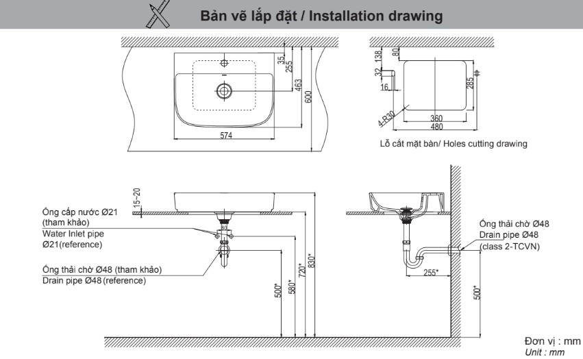 Bản vẽ kỹ thuật chậu lavabo INAX AL-632VFC