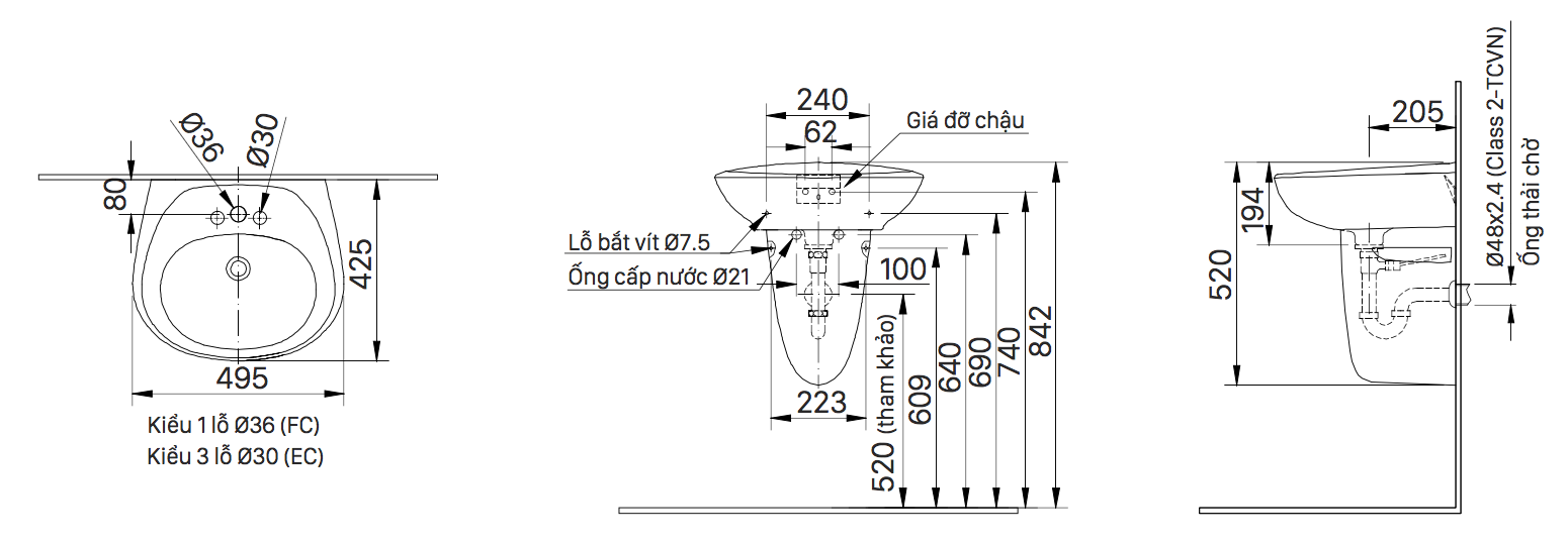 Bản vẽ kỹ thuật chân ngắn chậu rửa lavabo Inax L-284VC