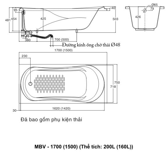 Bản vẽ kỹ thuật Bồn tắm xây Inax MBV-1700