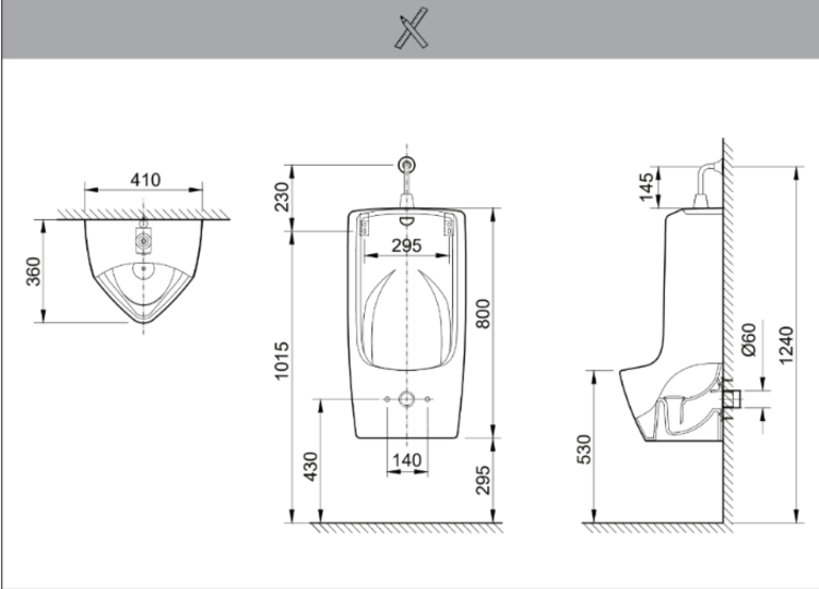Bản vẽ kỹ thuật bồn tiểu nam treo tường INAX U-411V