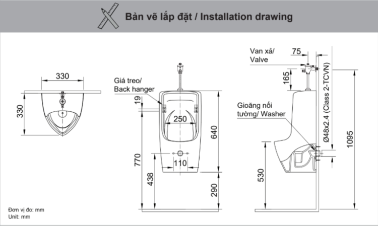 Bản vẽ kỹ thuật bồn tiểu nam treo tường INAX U-431VR
