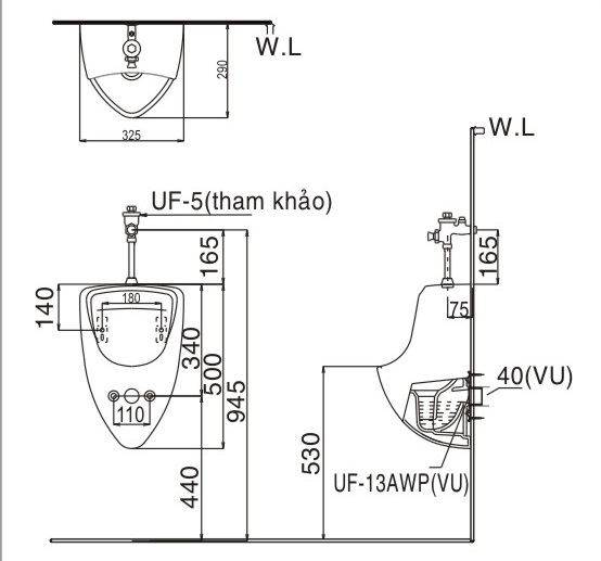 Bản vẽ kỹ thuật bồn tiểu nam Inax U-440V