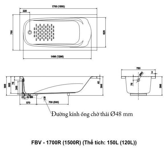Bản vẽ kỹ thuật bồn tắm xây INAX FBV-1500R