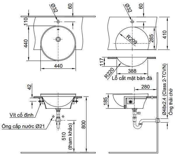 Bản vẽ kỹ thuật chậu lavabo bán âm INAX L-333V