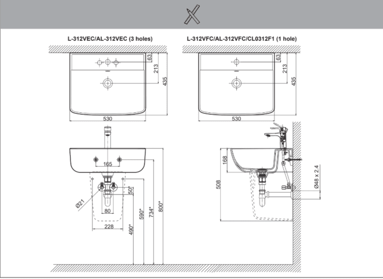 Bản vẽ kỹ thuật chậu lavabo INAX AL-312VFC