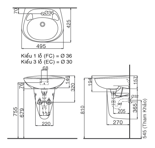 Bản vẽ kỹ thuật Chậu rửa lavabo INAX L-284V+L-284VC