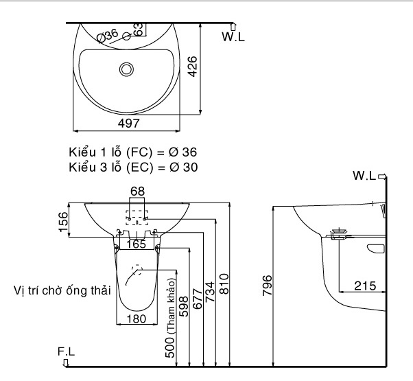 Bản vẽ kỹ thuật lavabo INAX L-285V và L-288VC