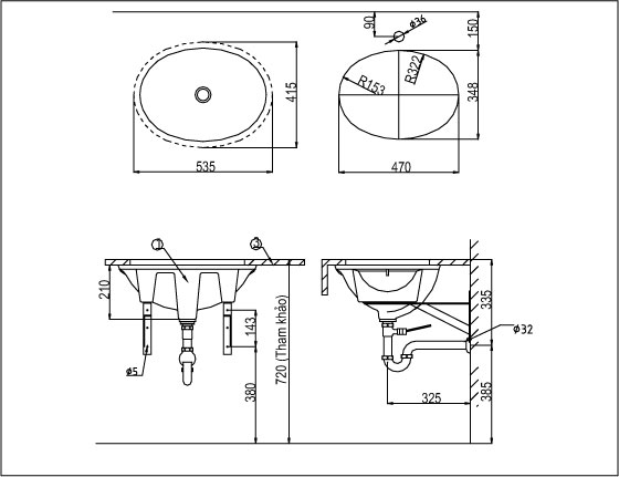 Bản vẽ kỹ thuật chậu lavabo âm bàn INAX L-2293V