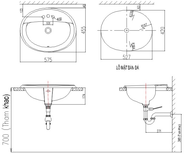 Bản vẽ kỹ thuật chậu lavabo INAX AL-2395VFC dương vành