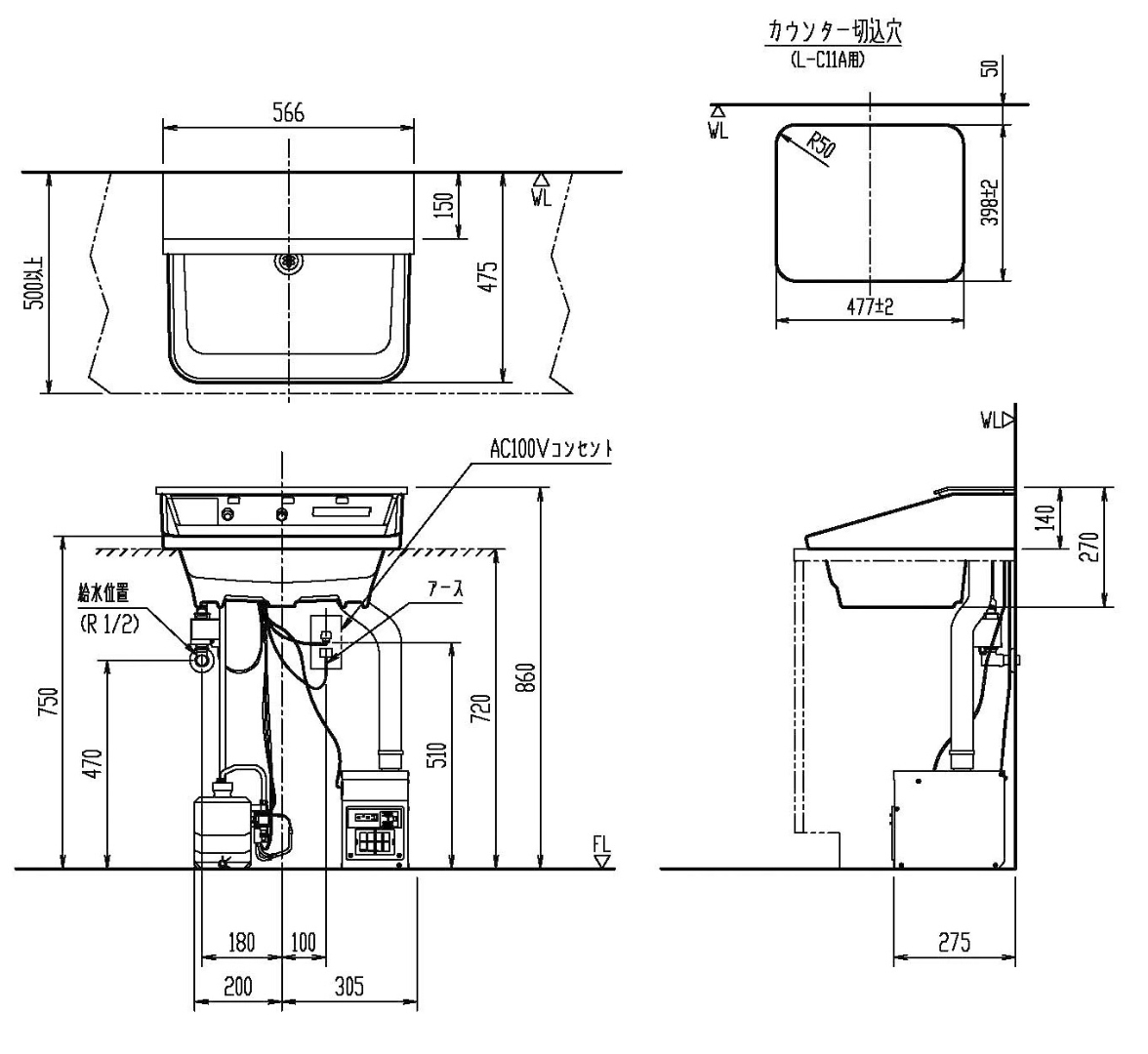 Bản vẽ kỹ thuật chậu lavabo INAX L-C11A3-AS/BW1