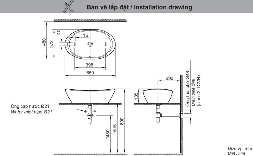 Bản vẽ kỹ thuật chậu rửa lavabo Inax AL-465V