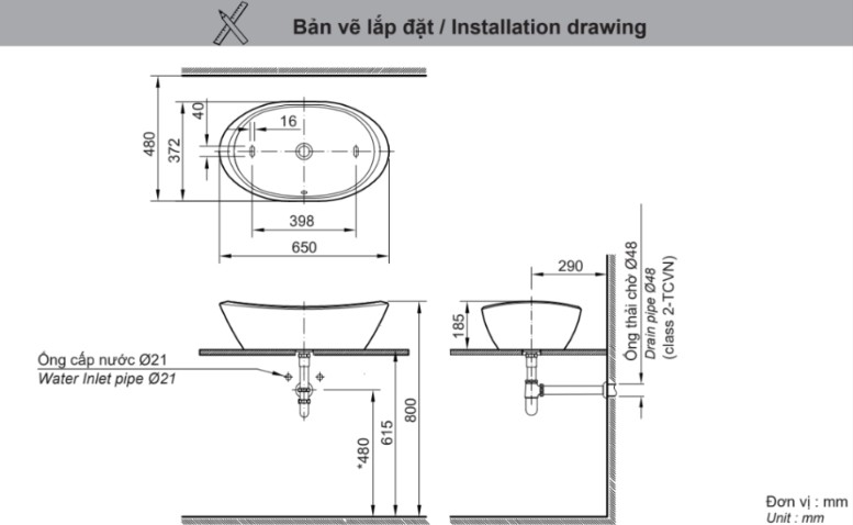 Bản vẽ kỹ thuật chậu rửa lavabo INAX L-465V